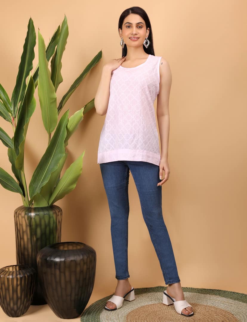 Shwet Women Pink Chikankari Sleevless Top view 6