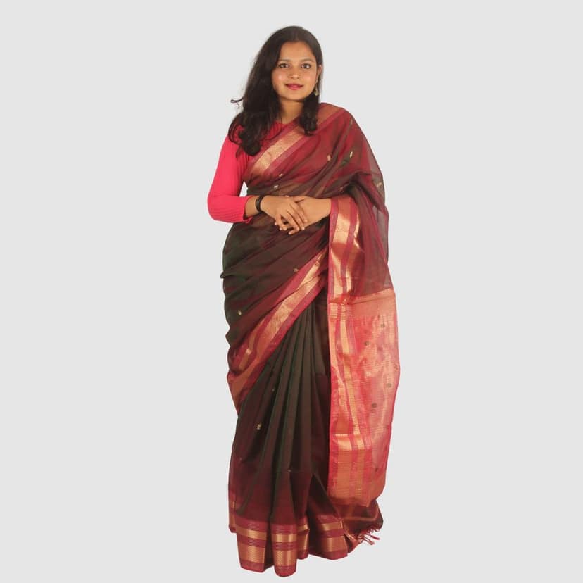 Premium Handloom Maroon Green Saree with Gold Finish view 2