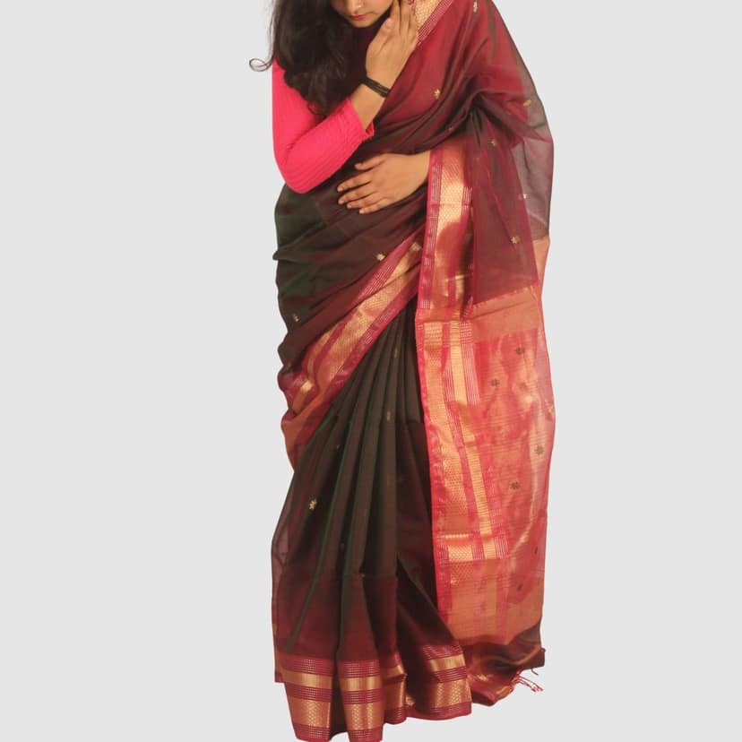 Premium Handloom Maroon Green Saree with Gold Finish view 3