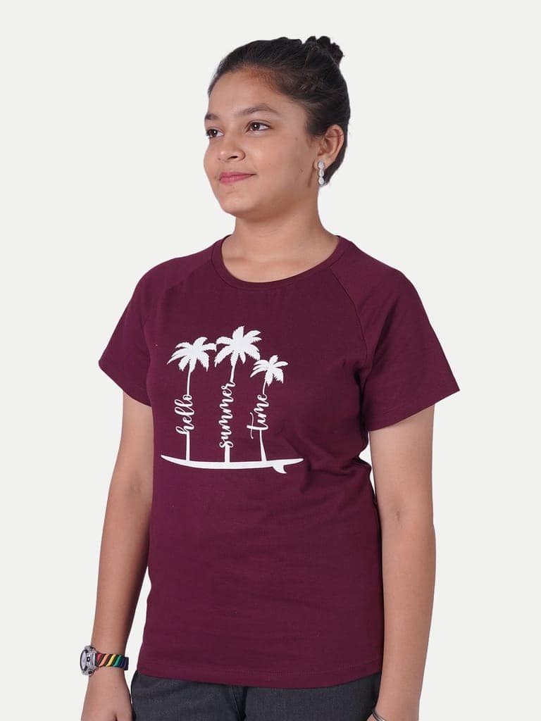 Teen Girls Maroon Printed Crew Neck T-shirt view 4