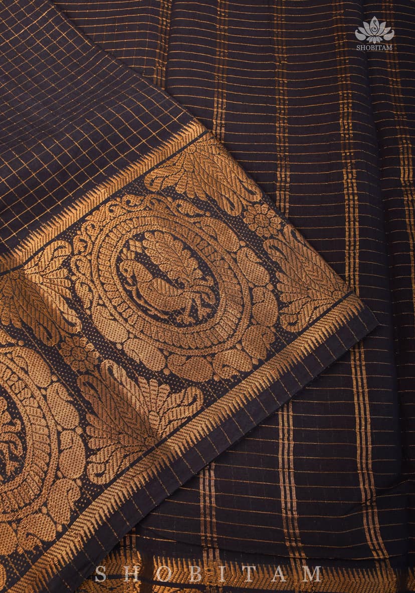 Vidya Balan Special - Black and Gold Madurai Cotton Saree with Zari Checks and Extra Wide Border view 5