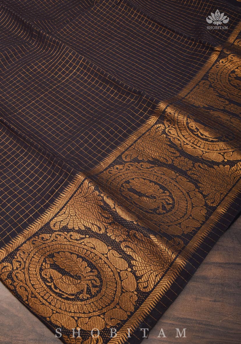 Vidya Balan Special - Black and Gold Madurai Cotton Saree with Zari Checks and Extra Wide Border view 6