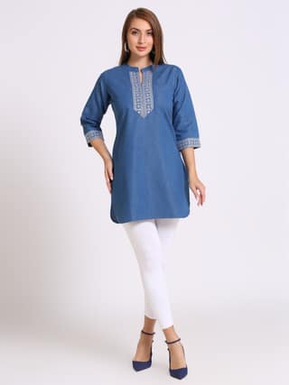 Denim Embroidered Kurti, Blue - 2XL (Style -2472)
