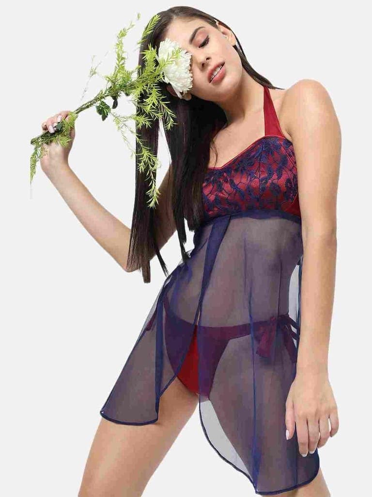 Hot Bridal Maroon Net Babydoll Honeymoon Bikini & Night Dress With Panty-B33M-S-10XL view 8
