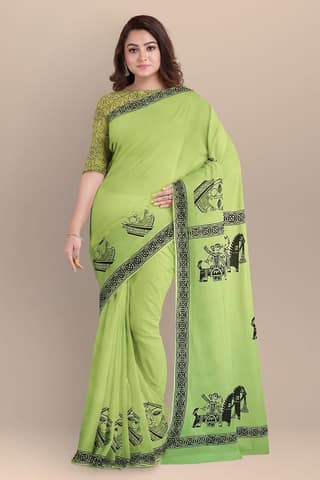 Parrot Green Face Motif Hand Block Print Malmal Cotton Saree SKU-AS10064