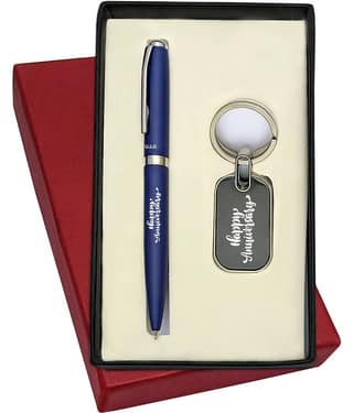 UJJi Happy Anniversary Printed Matte Finish Blue Colour Ballpen and Keychain