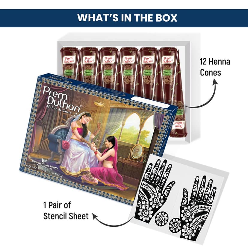 Prem Dulhan Brown Henna Cones Box 12 Pcs with Flower Stencil Blue Box view 5