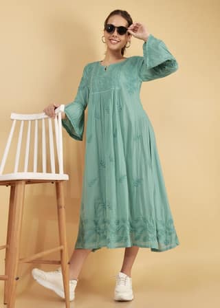 Mulmul Hand Embroidered Knee length Chikankari Dress Green