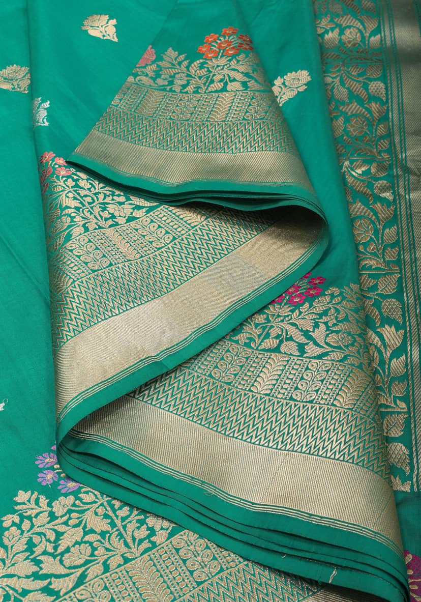 Rama Green Pure Banarasi Silk Saree with Meenakari border and Intricate Pallu and Unique Zari Borders | SILK MARK CERTIFIED view 5