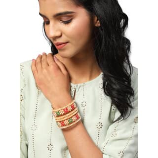 Ruby Emerald Pearls Gold Palted 6 pc Bangle Set 2.8 inch