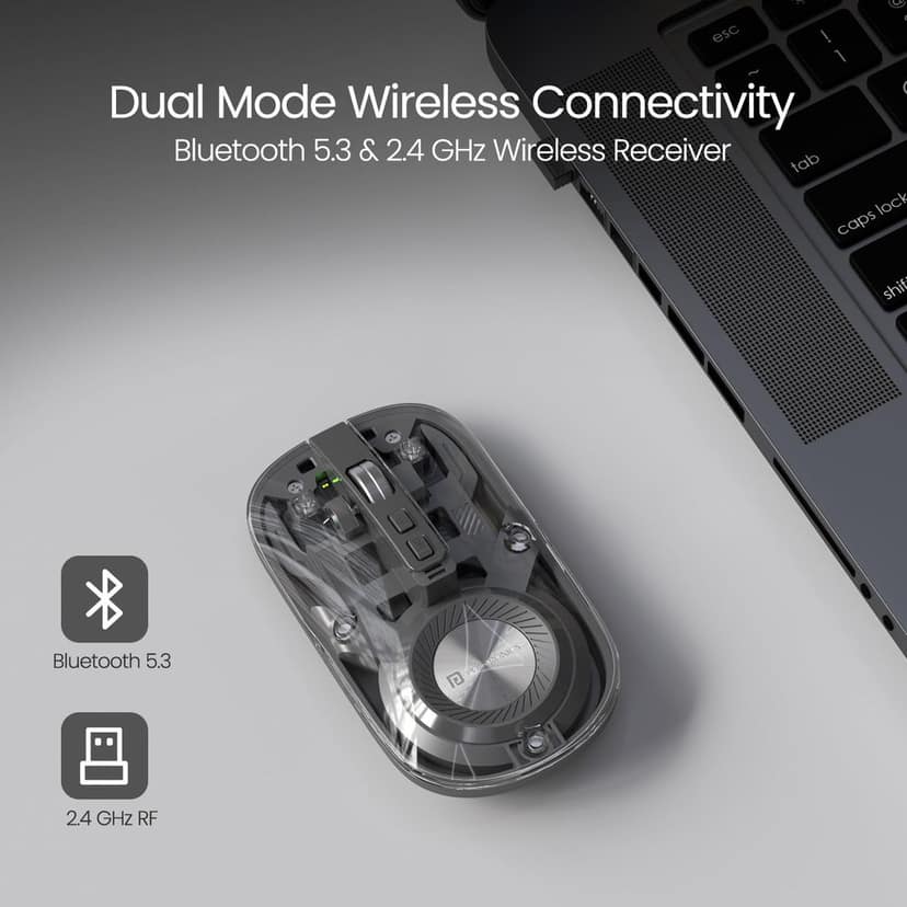Portronics Toad 8 Transparent Wireless Bluetooth Mouse with Dual Wireless (BT + 2.4 GHz), Rechargeable Battery, Noise-Free Clicking, Show/Hide Desktop, Multi-Device Pair, Adjust Sensitivity (Purple)
