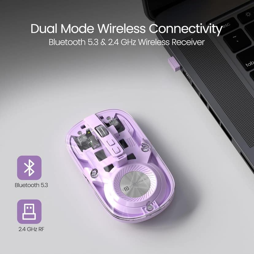 Portronics Toad 8 Transparent Wireless Bluetooth Mouse with Dual Wireless (BT + 2.4 GHz), Rechargeable Battery, Noise-Free Clicking, Show/Hide Desktop, Multi-Device Pair, Adjust Sensitivity (Purple) view 3