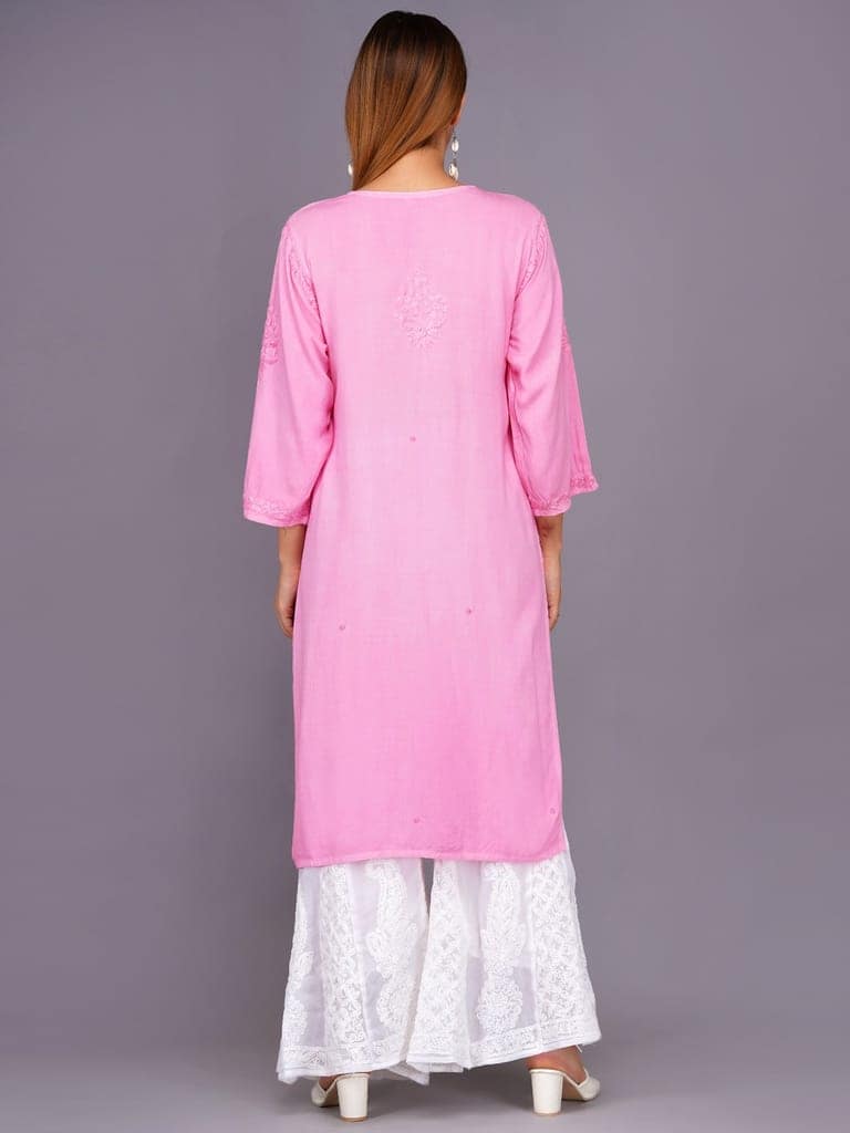 Mrs Right Women's Handcrafted Lucknow Chikankari Top | Premium 22 Kg Reyon Fabric |Pink Embroidered Casual Ethnic Kurti view 2