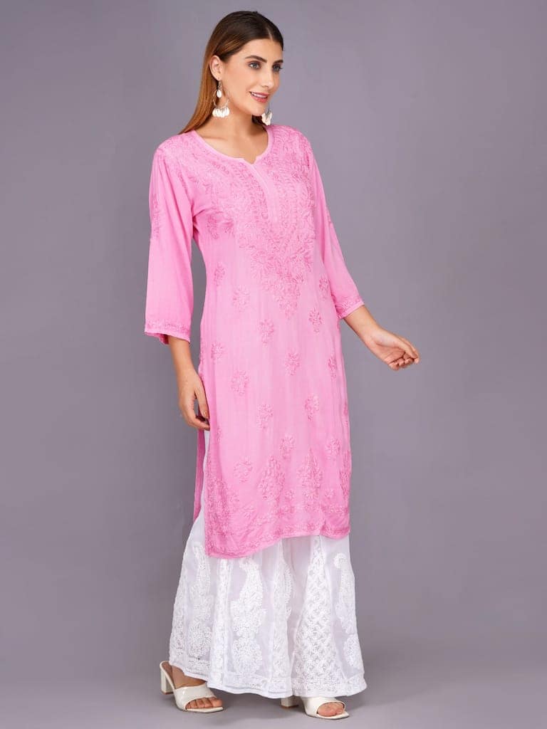 Mrs Right Women's Handcrafted Lucknow Chikankari Top | Premium 22 Kg Reyon Fabric |Pink Embroidered Casual Ethnic Kurti view 3