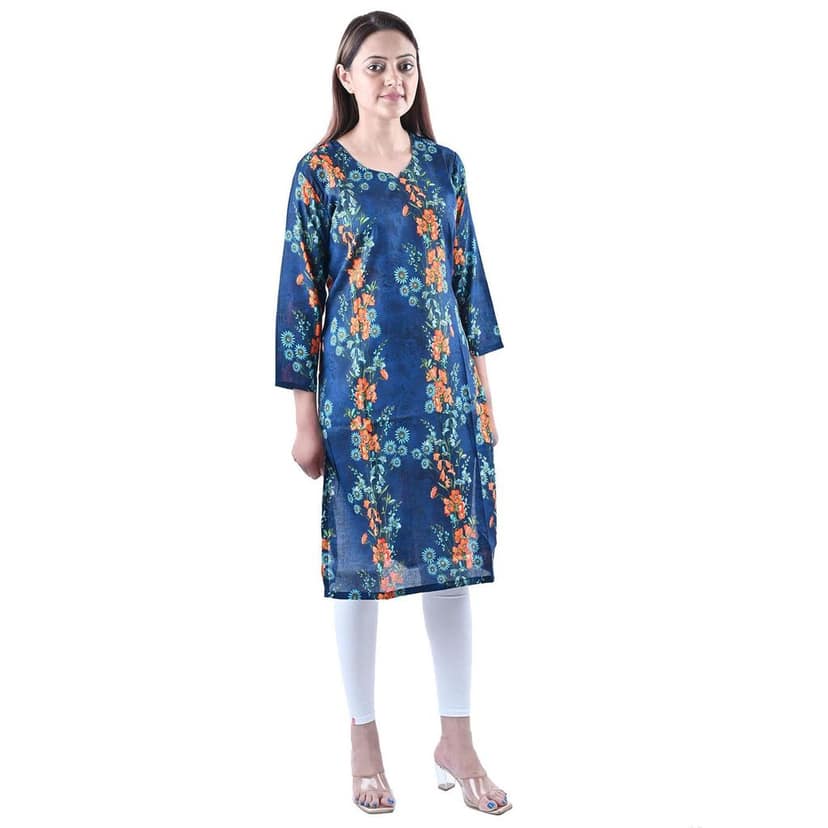 Women's Rayon Fabric Stylish Floral Block Print Kurti Blue view 3