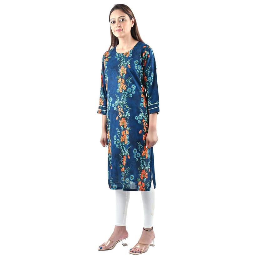 Women's Rayon Fabric Stylish Floral Block Print Kurti Blue view 4