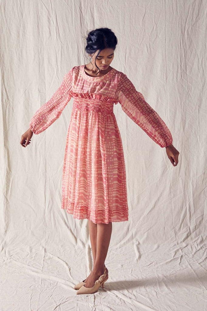 Dusted Pink Batik Smock Detail Dress In Handloom Kota Doria And Off White Checks Cotton Khadi Mulmul view 2