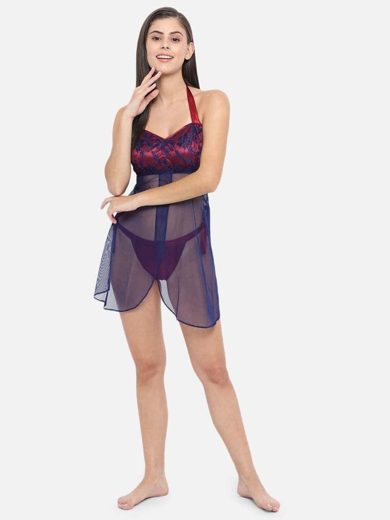 Hot Bridal Maroon Net Babydoll Honeymoon Bikini & Night Dress With Panty-B33M-S-10XL view 3
