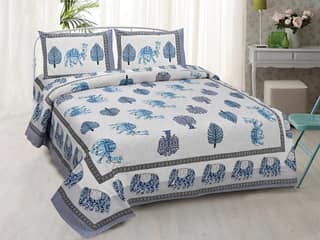 Lali Prints Jaipuri White Blue Printed Cotton 130 TC Queen Bedsheet with 2 Pillow Covers