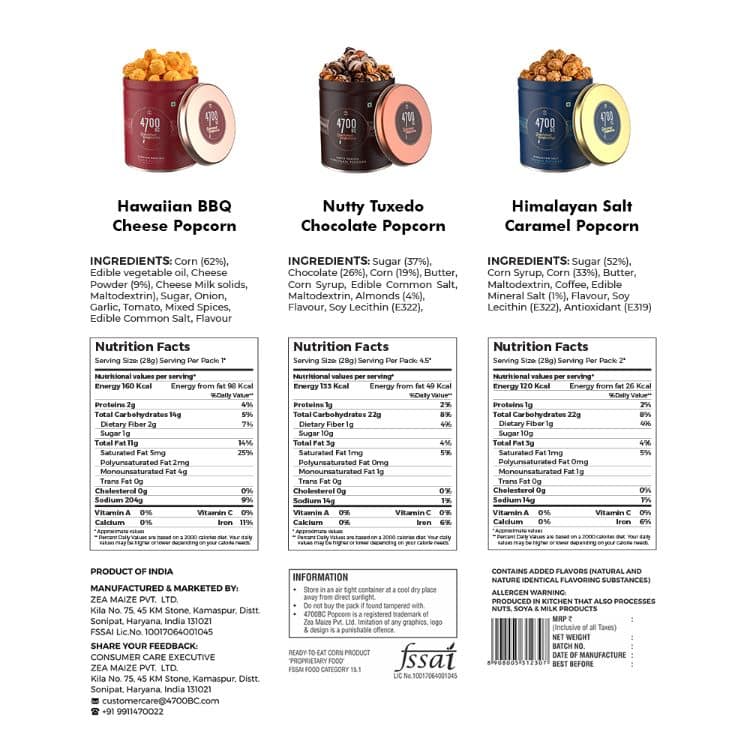 4700BC Gourmet Popcorn, Combo Gift box, 325g, (3 Tins: 1 Hawaiian Barbeque Cheese, 1 Himalayan Salt Caramel and 1 Nutty Tuxedo Chocolate) view 2