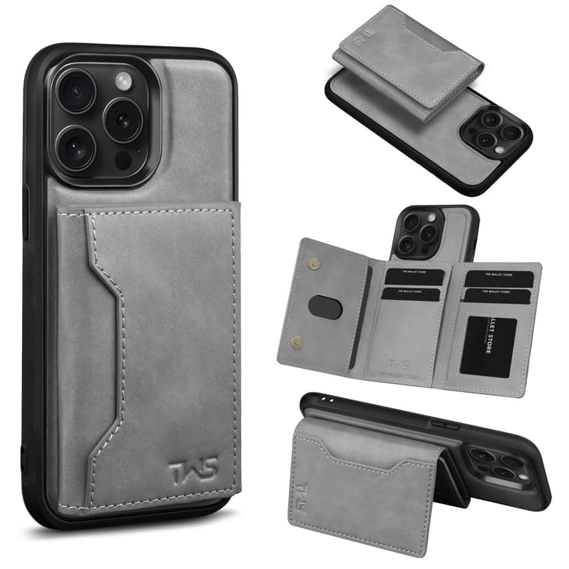 The Wallet Store Premium Leather iPhone Case Cover With Detachable Cardholder - Gey - iPhone 14 Pro Max
