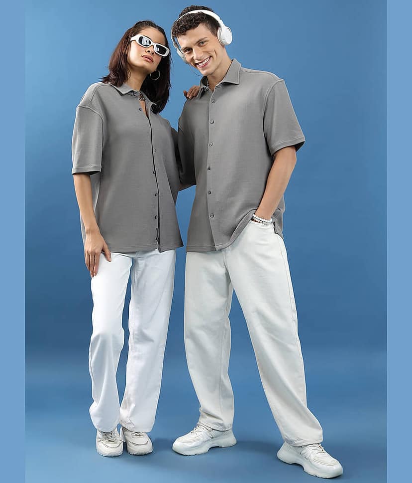 Highlander Cotton Blend Oversized Fit Self Design Half Sleeves Men's Casual Shirt - Grey ( Pack of 1 ) view 2