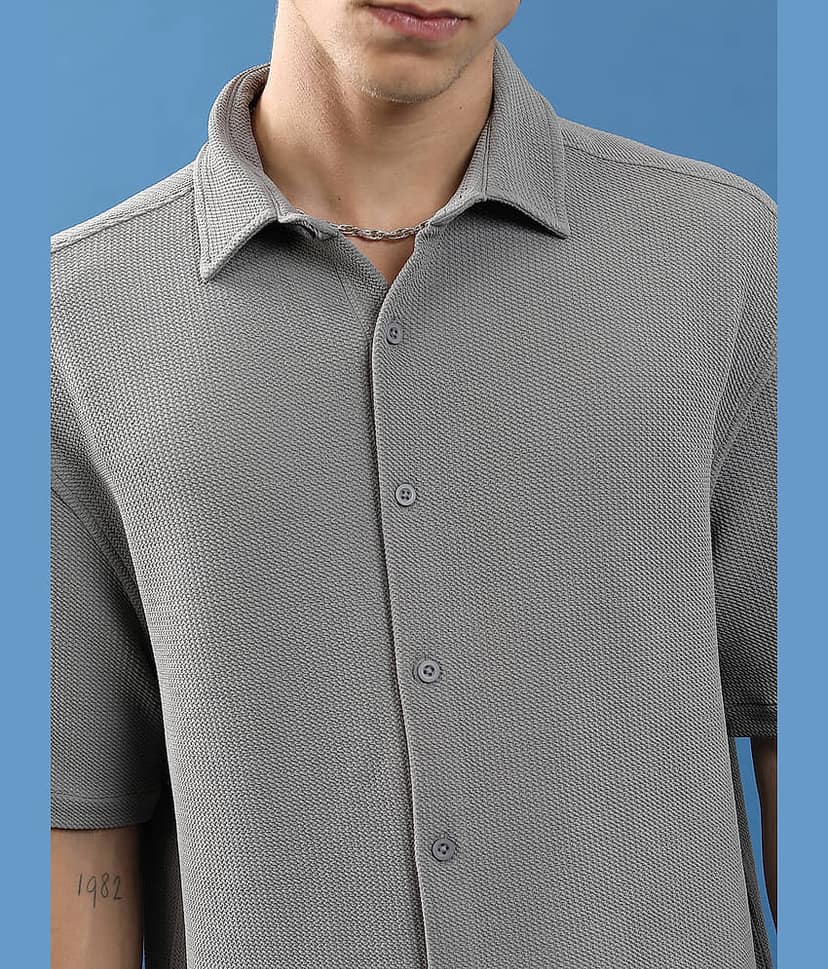Highlander Cotton Blend Oversized Fit Self Design Half Sleeves Men's Casual Shirt - Grey ( Pack of 1 ) view 5