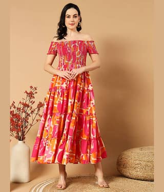 OTABU Rayon Printed Midi Women's Fit & Flare Dress - Orange ( Pack of 1 )