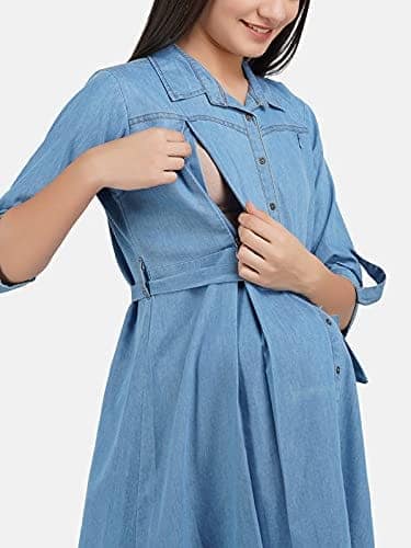 KOI SLEEPWEAR Women's Denim Maternity Gown with Feeding Pocket Maxi Night Gown for Pregnant Women (Large, Light Blue) view 6