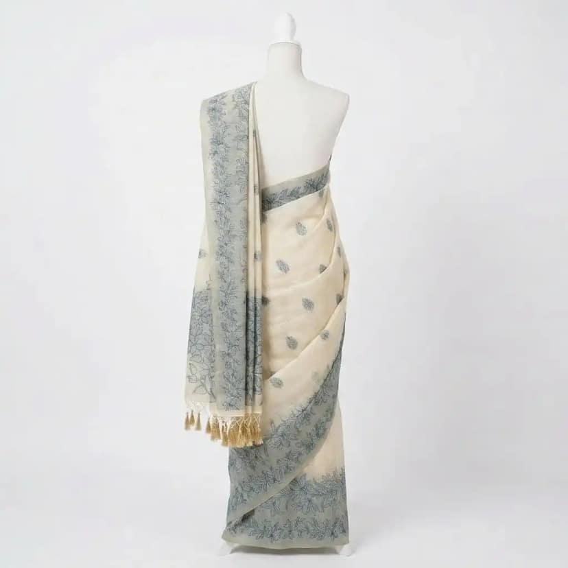 Sambalpuri Floral Print Teal Odisha Tussar Cotton Saree view 2