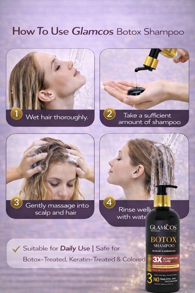 Glamcos Professional Botox Shampoo 500 ml – 3X Advanced Care, Sea Butter & Vitamin B5, Sulfate - Free Repair Shampoo for Dry & Damaged Hair view 4