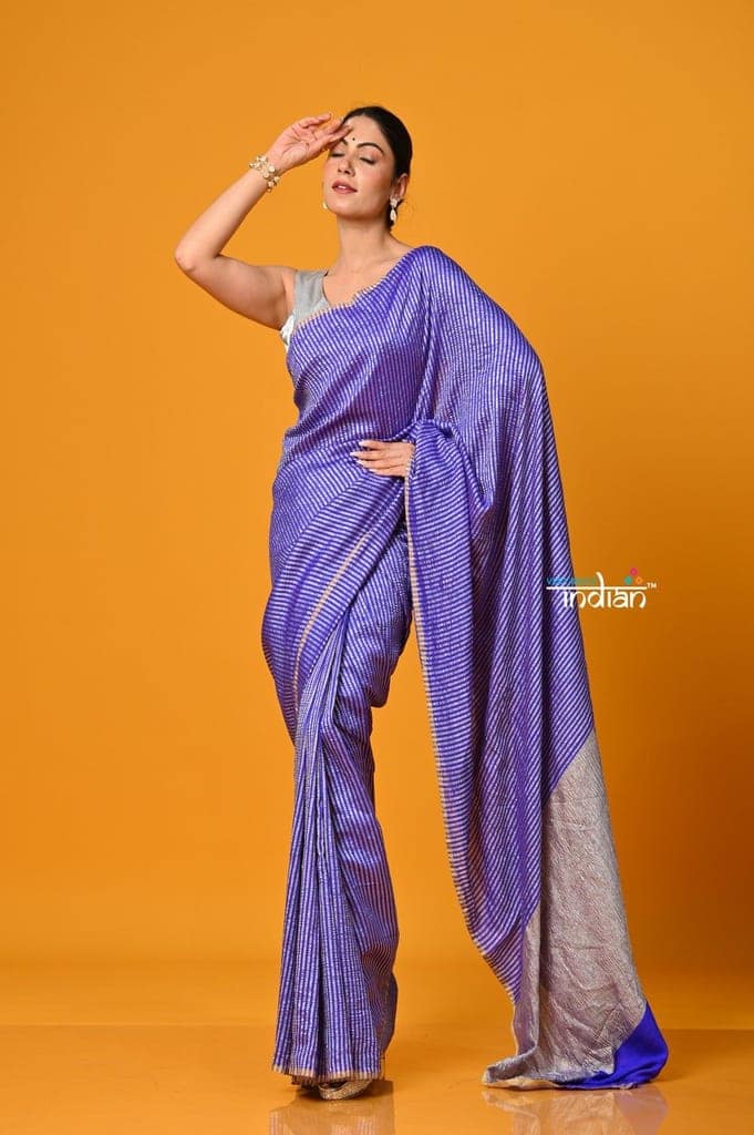 Param Sundari ~ Golden Earth ~ Munga Silk Saree in Feather Blue with Subtle Stripes