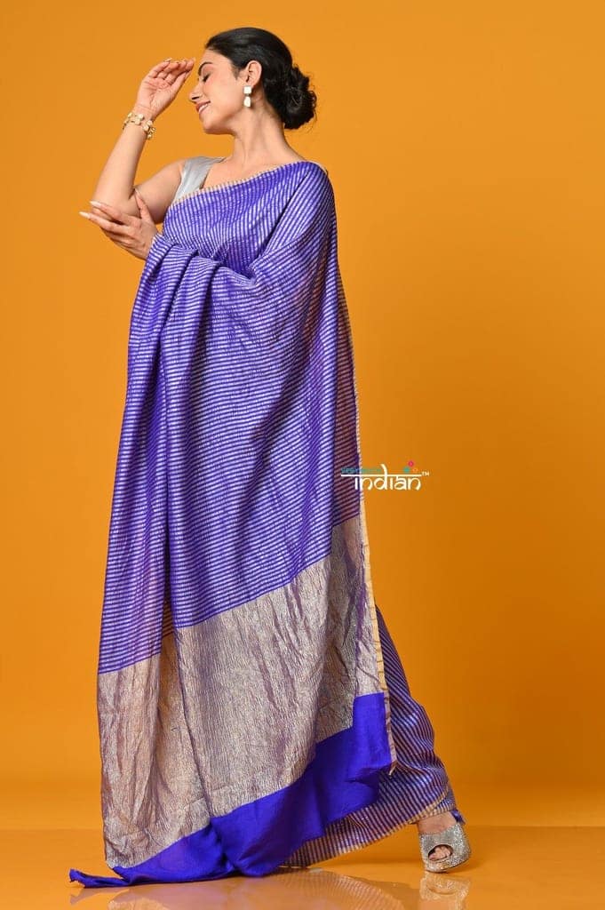 Param Sundari ~ Golden Earth ~ Munga Silk Saree in Feather Blue with Subtle Stripes view 2