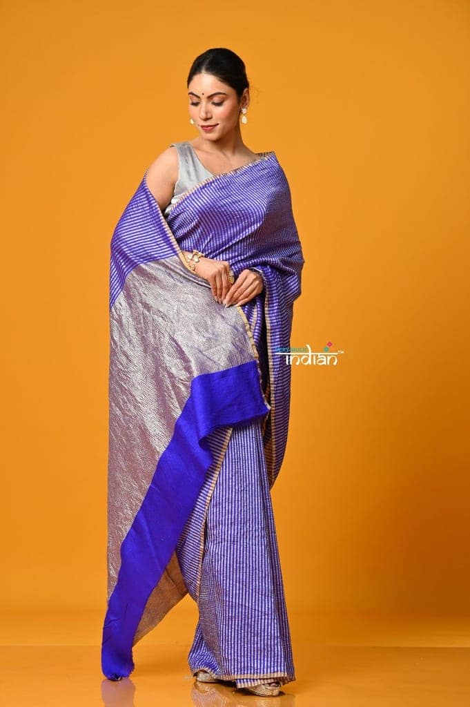Param Sundari ~ Golden Earth ~ Munga Silk Saree in Feather Blue with Subtle Stripes view 3