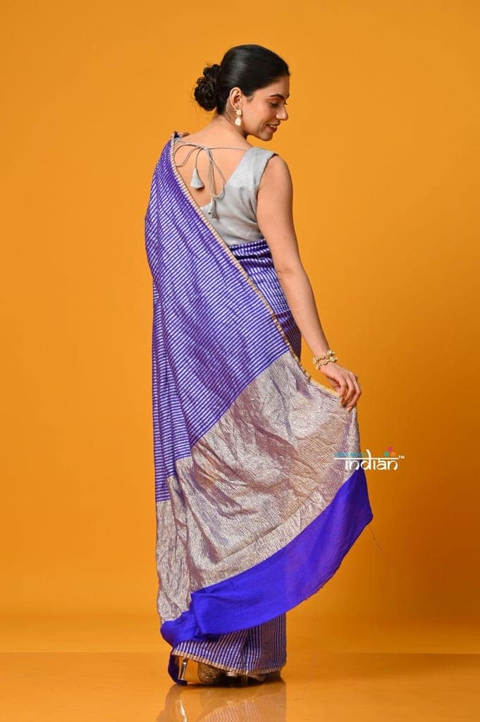 Param Sundari ~ Golden Earth ~ Munga Silk Saree in Feather Blue with Subtle Stripes view 4