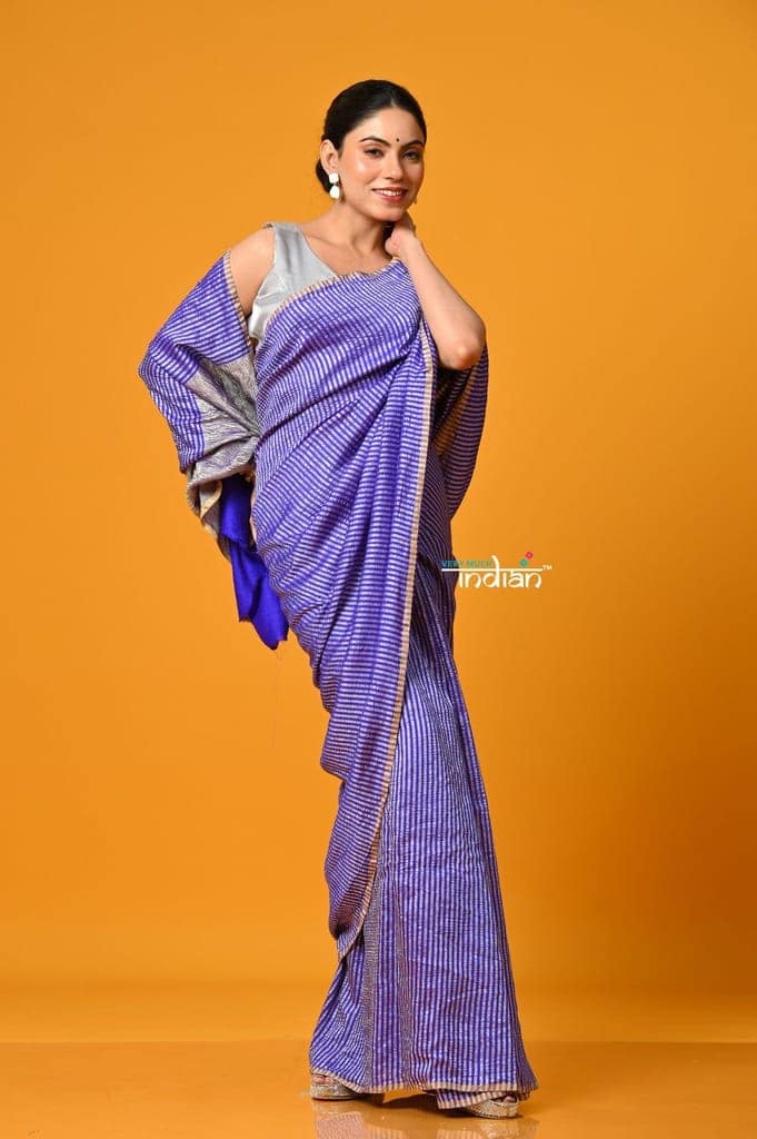 Param Sundari ~ Golden Earth ~ Munga Silk Saree in Feather Blue with Subtle Stripes view 5