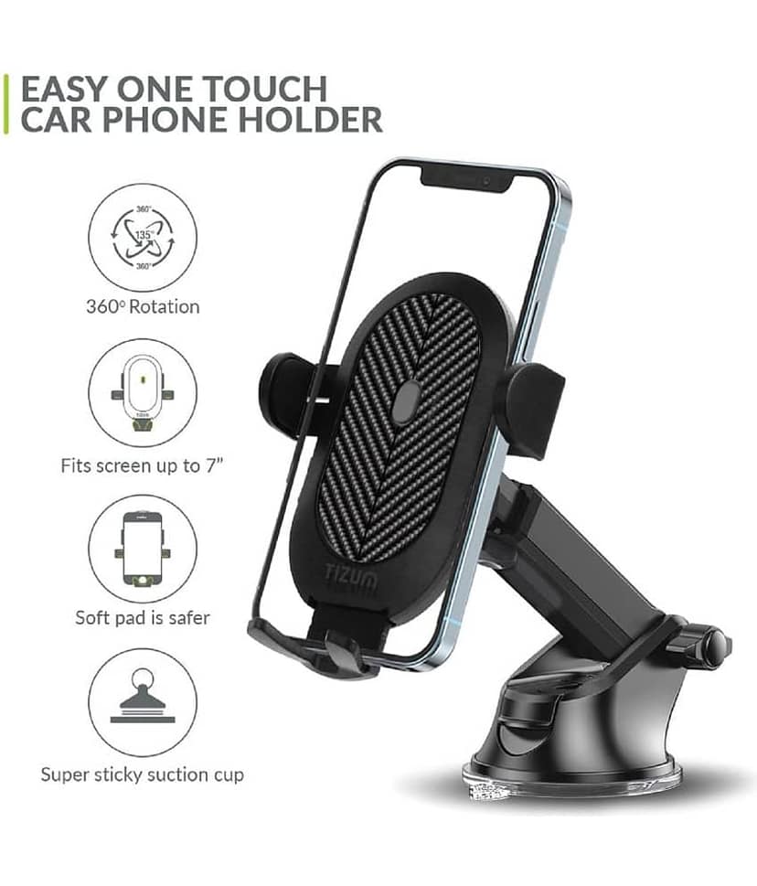 Tizum Universal Car Mobile Holder Stand| Strong Suction Cup, Double Shift Locking for Dashboard Windshield| Quick Release, Long Telescopic Arm, 360° Rotatable Head| All Mobile Phone, Black view 2
