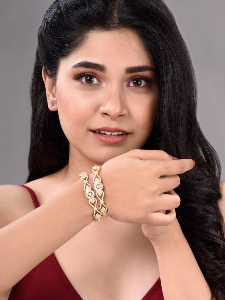 Set Of 2 Dua Toned Gold Plated Whitee AD Studded Handcrafted Leafy Design Bangles view 3