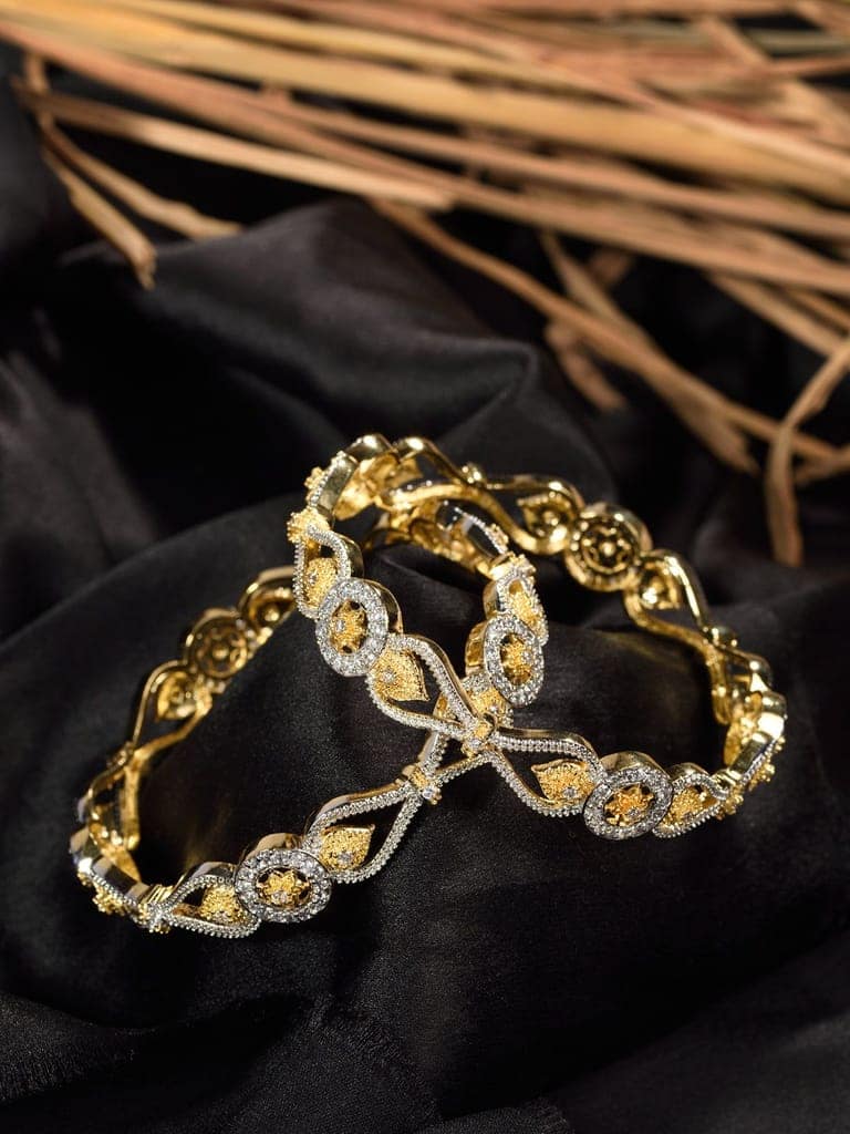 Set Of 2 Dua Toned Gold Plated Whitee AD Studded Handcrafted Leafy Design Bangles view 4