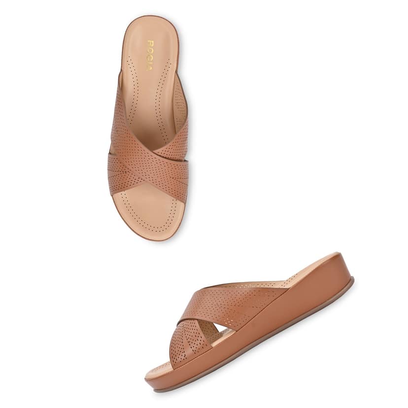 Tan Women Comfort Laser Cut Cross Strap Flats