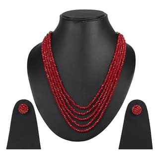 Manbhar Gems - Crystal Gemstone Beads Necklace Set for girl and Women 5 layer Mala With Stud Earring stylish Mehroon Red traditional Beaded Fashion jewellery