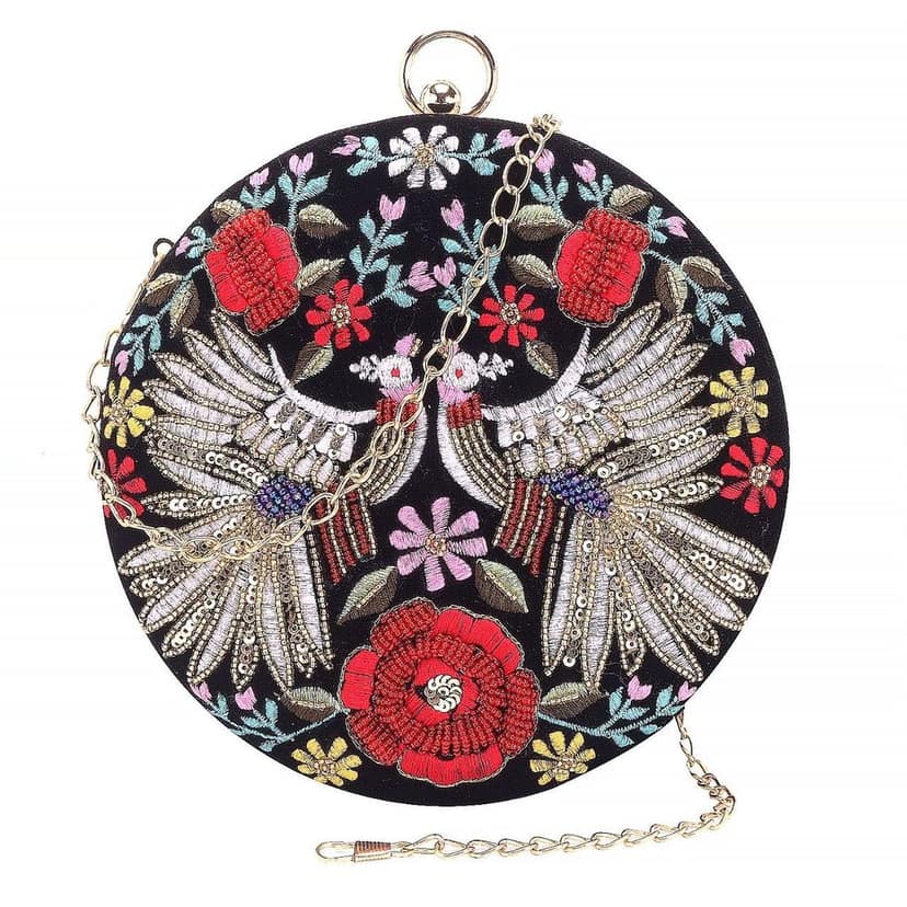 Black multi Color Hand Embroided Beaded Round Clutch Cum Sling Bag