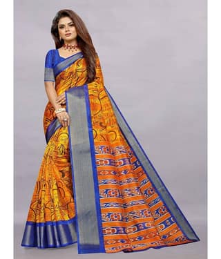 Rhey Cotton Silk Printed Saree With Unstitched Blouse Piece ( Blue )