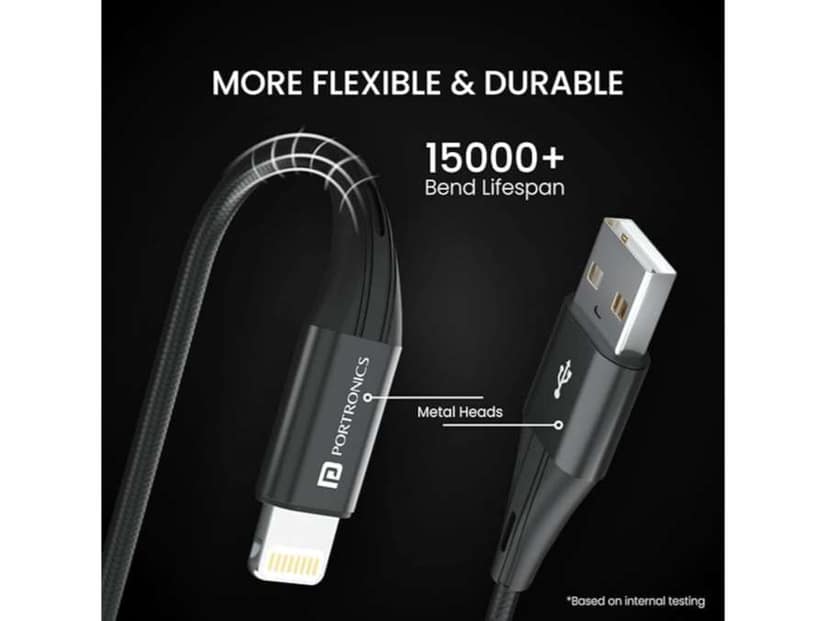 Portronics Konnect B+ 8 Pin Usb Cable 3.0 Amp Output with Charge & Data Sync with 1m - Black view 3