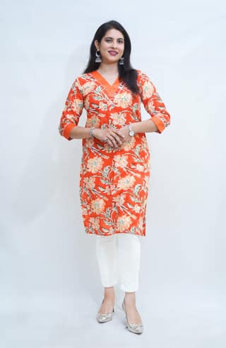 Women's pure cotton hand block floral printed orange kurta