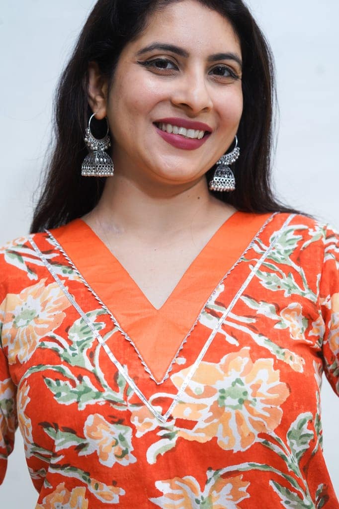 Women's pure cotton hand block floral printed orange kurta view 6