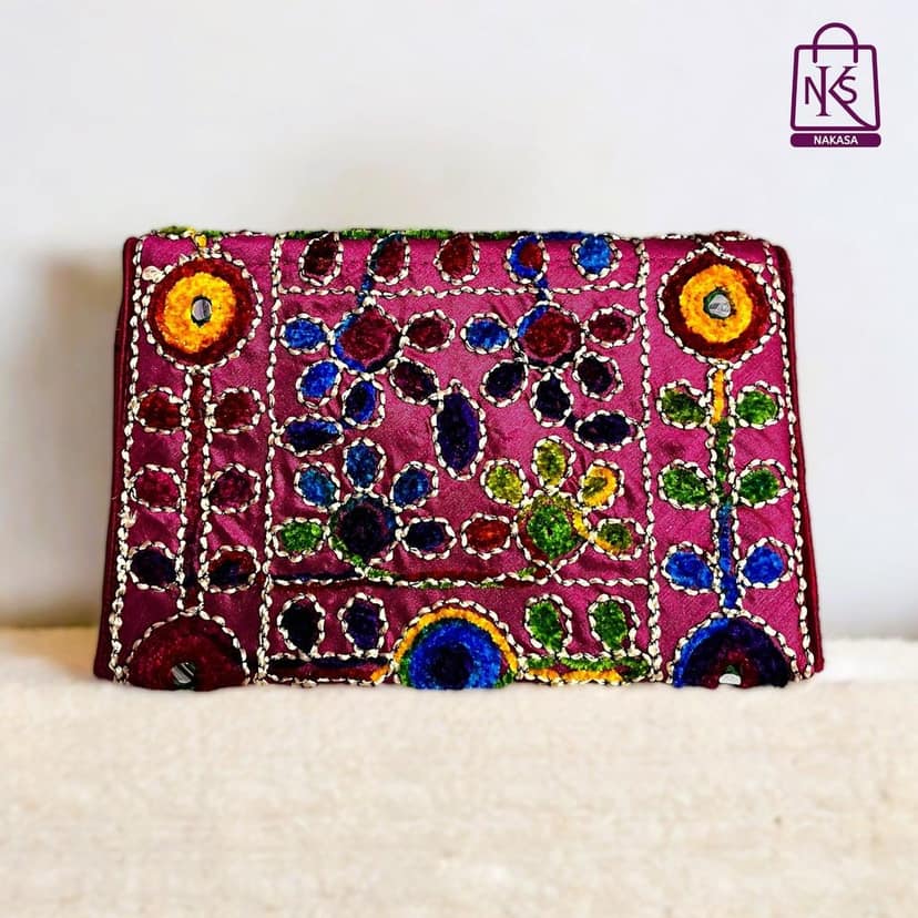NAKASA Women's Jaipuri Handmade Damru Embroidery Small Pink Clutch Bag view 3
