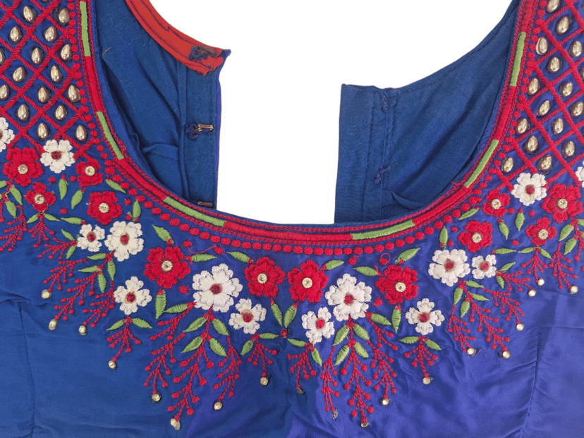 Blue Hand Embroidered Readymade Blouse With Floral Motifs and Zari Work view 2