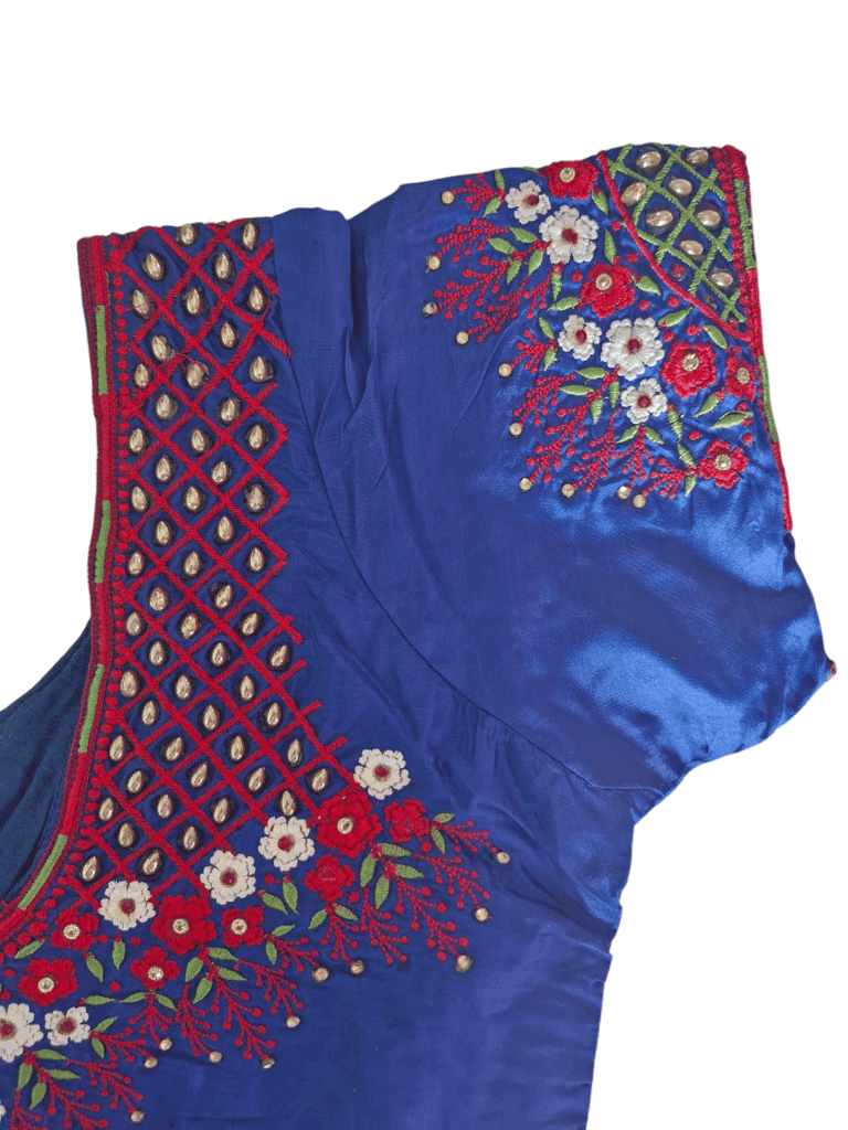Blue Hand Embroidered Readymade Blouse With Floral Motifs and Zari Work view 3