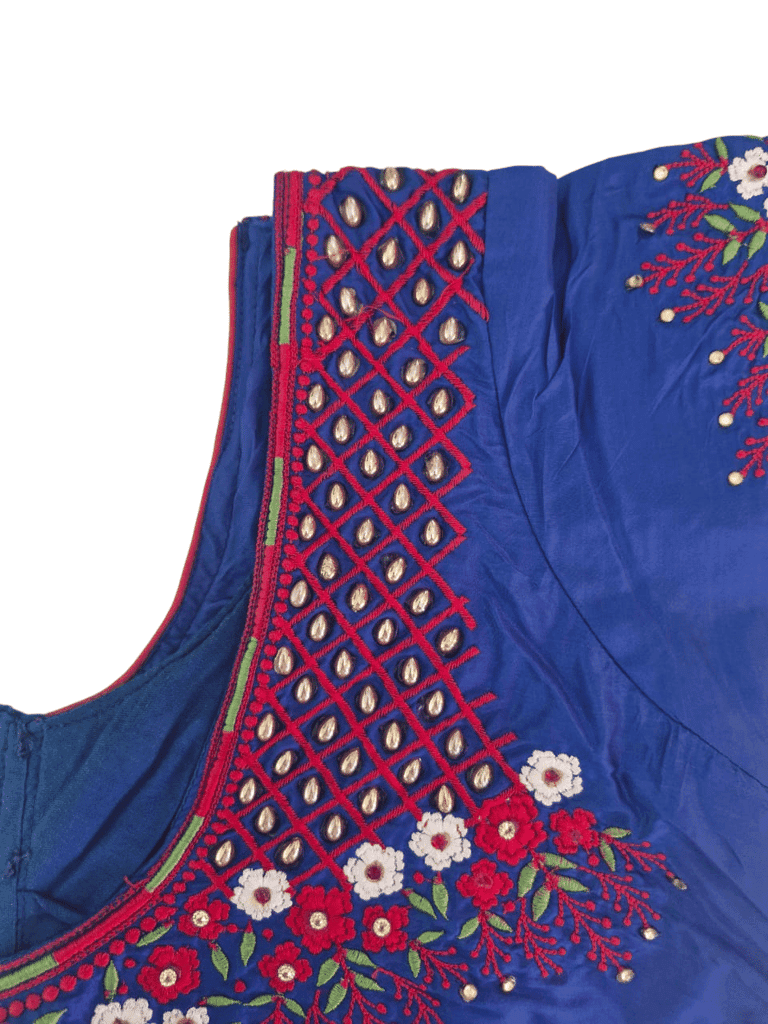 Blue Hand Embroidered Readymade Blouse With Floral Motifs and Zari Work view 4